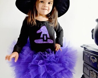 Purple Witch Girl's Halloween Costume Bodysuit or Leotard Leg Warmer and Tutu Set