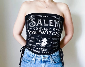 Salem Ruched Tube Top Women’s Teen’s Drawstring Shirt Crop Top Spooky Dark Halloween Stars Tarot Crystals Witchy Size Small