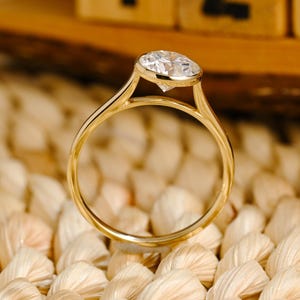 Solid Gold Solitaire Bezel Round Cut Moissanite Engagement Ring, Handmade Dainty Cathedral Set Ring