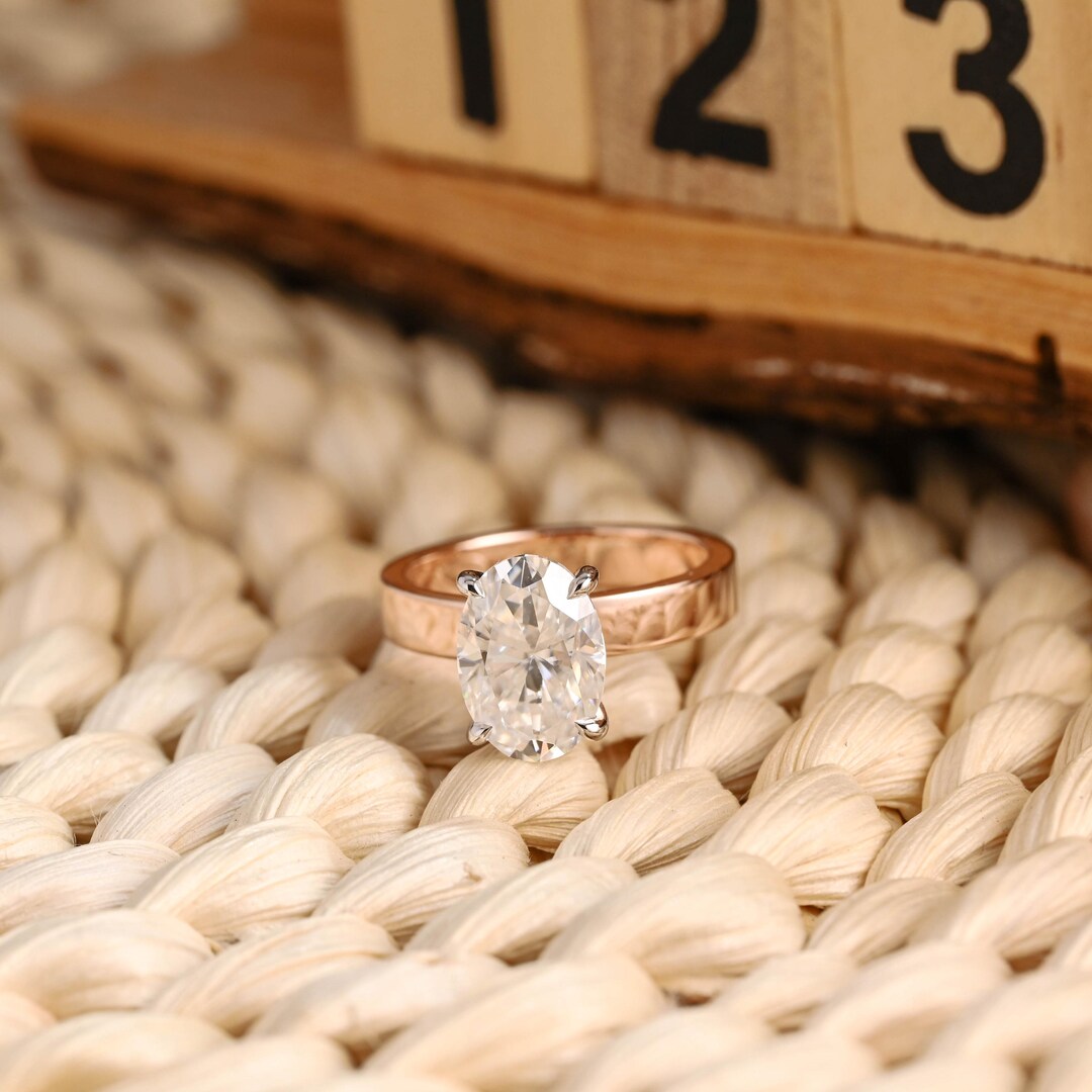 Two Tone Solid Gold Oval Moissanite Engagement Ring, 3mm Handmade ...