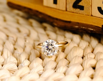 Solid Gold Round Cut Moissanite Engagement Ring, Hidden Halo Ring