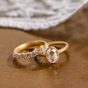 IGI Certificated Bezel Oval Lab Grown Diamond Engagement Ring Set, Solid Gold Matte Wedding Ring Set, Round Cut Wedding Band, Birthday Gift