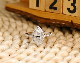 Solid Gold Half Pave & Cathedral Set Marquise Cut Moissanite Engagement Ring with Halo