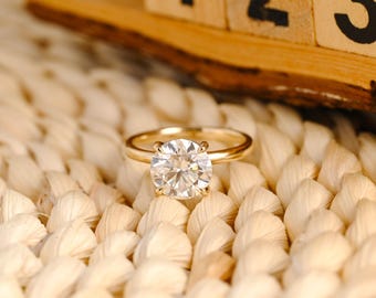 Solid Gold Round Cut Moissanite Engagement Ring, Solitaire Ring