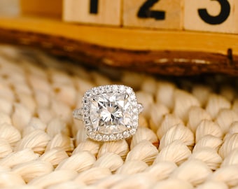 Solid Gold Cushion Cut Moissanite Engagement Ring with Halo, Half Pave & Cathedral Set Ring