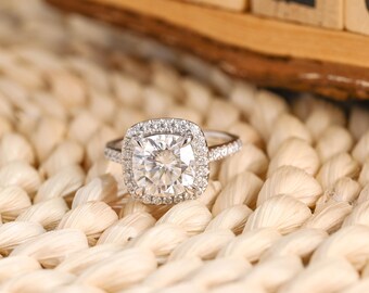Solid Gold Cushion Cut Moissanite Engagement Ring with Halo, Half Pave & Cathedral Set Ring