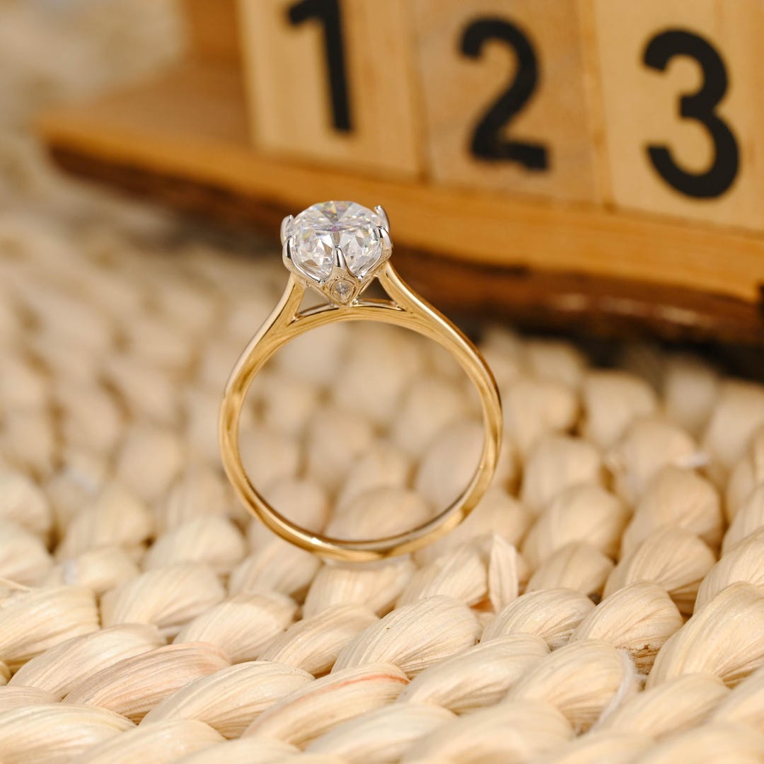 Two Tone Solid Gold Oval Moissanite Engagement Ring, Tulip Cathedral ...