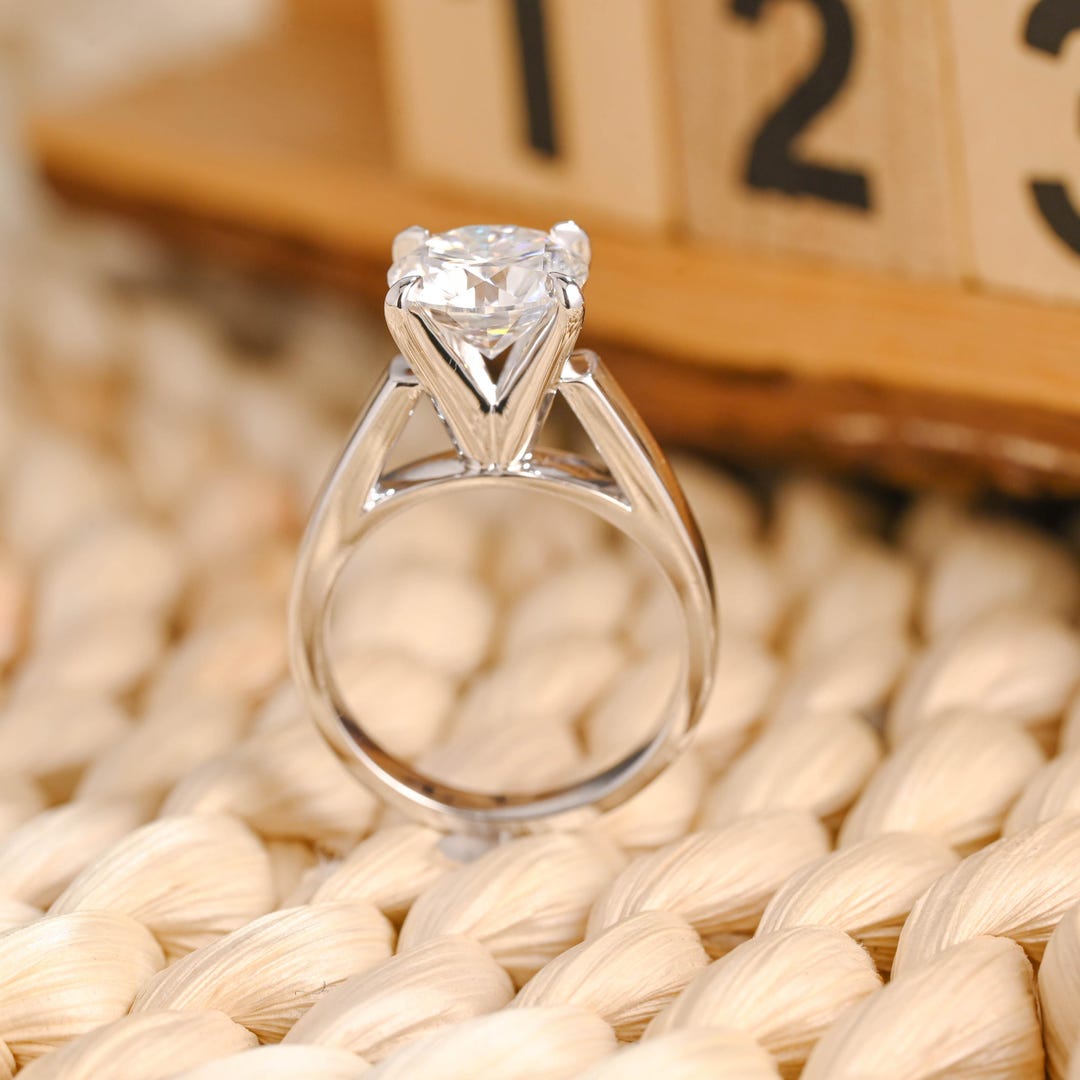Solid Gold Round Cut Moissanite Engagement Ring, Handmade High Profile ...