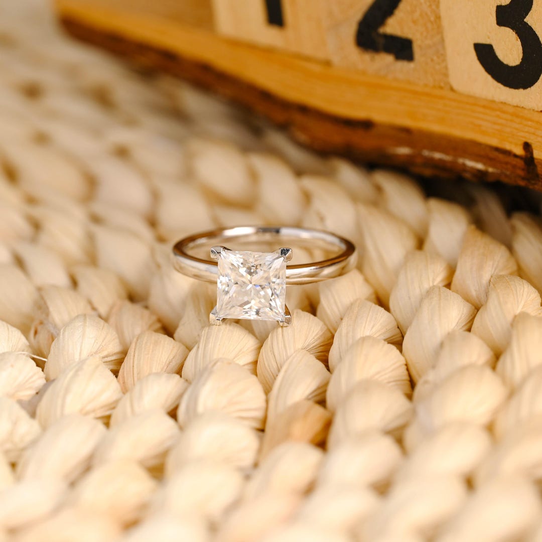 Solid Gold Solitaire Princess Cut Moissanite Engagement Ring - Etsy UK