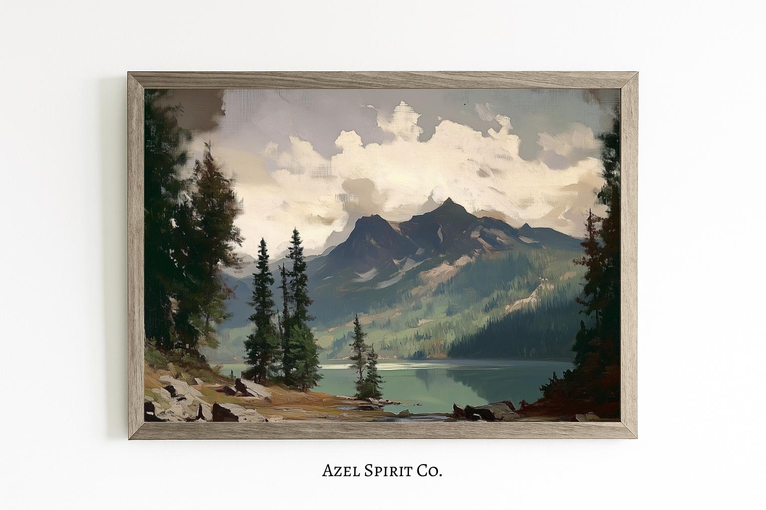 Vintage Mountain Lake Landscape Printable Wall Art | Neutral Green Forest Rustic Cabin Decor | Digital Download (5×7 – 18×24)