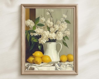 Vintage Lemon Floral Still Life - Printable Wall Art, Botanical Kitchen Decor, Neutral Rustic Painting Download