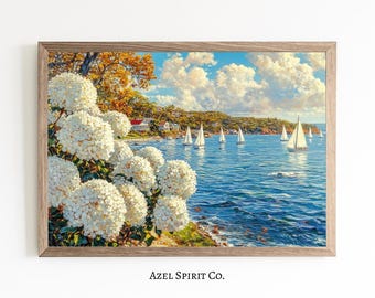 Hydrangea and Sailboat Oil Painting – Coastal Landscape Wall Art, Summer Seaside Printable Decor, Nautical Cottagecore Digital Download
