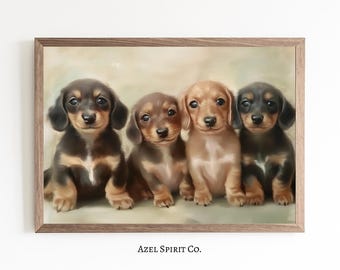 Dachshund Puppy Oil Painting Print – Vintage Style Dog Wall Art, Set of 4 Wiener Puppies, Cute Printable Pet Decor, Rustic Animal Artwork