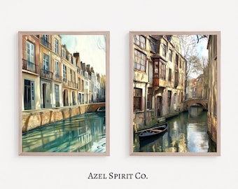 Set of 2 Vintage European Prints - Canal Landscape & Architectural Art, Printable Wall Art, Rustic Neutral Home Decor (5×7 – 11×14)