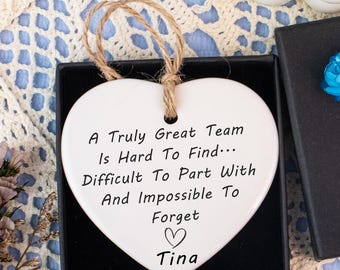 Personalisierte Keramik Herz Ornament mit Juteschnur - Team Farewell Geschenk