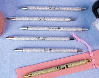 Bolígrafo de cristal con purpurina personalizado con nombre y símbolo: Bolígrafo brillante personalizado