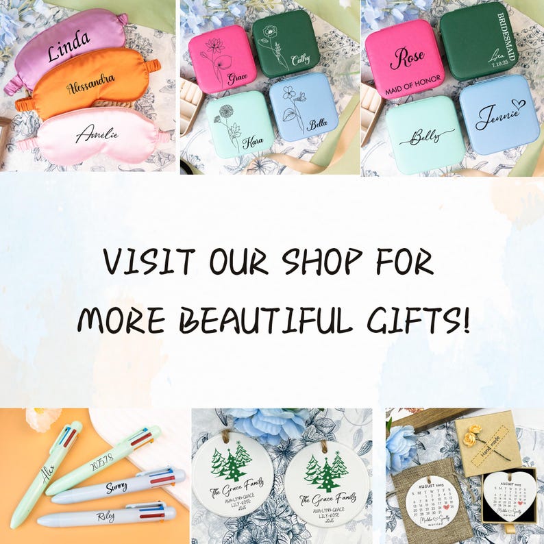 May include: A collection of personalized gifts, including sleep masks, compact mirrors, pens, ornaments, and a calendar. The sleep masks are pink, orange, and white. The compact mirrors are various colors with floral designs and names. The pens are white and light green.