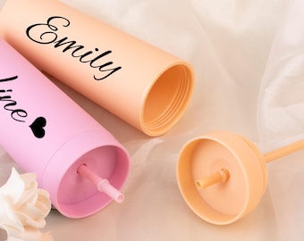 Custom Name Bridesmaid Cups – Personalized Slim Cups with Straw, Plastic Water Tumbler, Bridal Party, Birthday or Friend Gift
