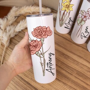 Personalized Birth Flower Tumbler 20oz – Custom Name Bridesmaid Gift, Wedding Party Favor, Birthday Flower Cup, Elegant Wedding Drinkware