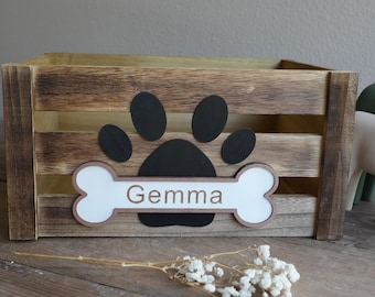 Caja grande de madera personalizada para juguetes de mascotas – Contenedor de almacenamiento de juguetes para perros a medida – Organizador ecológico hecho a mano – Cofre de suministros para mascotas de madera natural