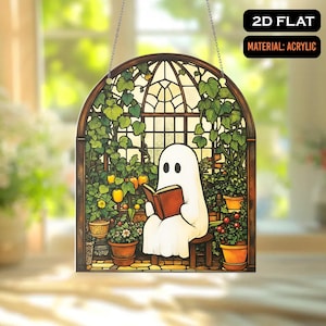 Suncatcher Ghost Reading Book, Ghost and Plants Acrylic Window Hanging, Spooky Reading Nook Window Decor for Halloween, Gothic Book Lovers
