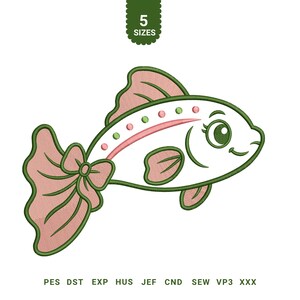 May include: An embroidery design of a fish with a white body, pink fins, and a pink tail tied with a bow. The fish features green outlines, small pink and green dots along the top, and a smiling face. Text at the top reads 5 SIZES, with file formats listed below.