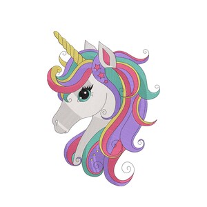 May include: A whimsical illustration of a unicorn's head. The unicorn has a white face, a golden horn, and a flowing mane in shades of purple, pink, teal, and yellow. The eyes are large and teal, and there are small star accents.