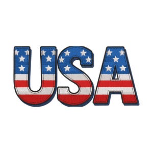 May include: Embroidered patch spelling "USA" in red, white, and blue. The letters are designed to resemble the American flag, with blue sections featuring white stars and red and white stripes.