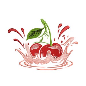 May include: Embroidered design of two red cherries with green stems and a leaf, surrounded by a splash of pink liquid. The cherries are detailed with shading, and the design is on a white background.