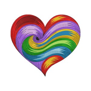May include: A colorful heart design with a swirling pattern. The heart features a spectrum of colors, including red, purple, green, yellow, and blue, creating a vibrant and eye-catching image. The design is set against a plain white background.