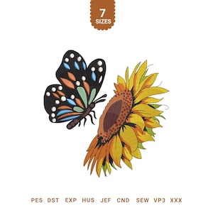 May include: An embroidered design featuring a black butterfly with orange, blue, and green accents, positioned near a yellow sunflower. The image includes the text "7 SIZES" and various file format abbreviations.