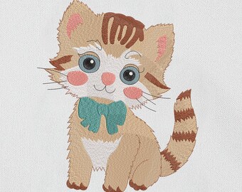 Cute Cat Embroidery Design | Kitten with Bow Machine Embroidery Pattern | Adorable Animal File for Kids | 3 Sizes | Digital Download PES DST
