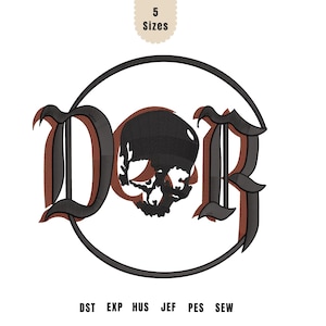 May include: Embroidered design featuring a skull within a circle, with the letters "DOR" in a gothic font. The design is in black and brown, with the text "5 Sizes" at the top. Below are the file types: DST, EXP, HUS, JEF, PES, and SEW.