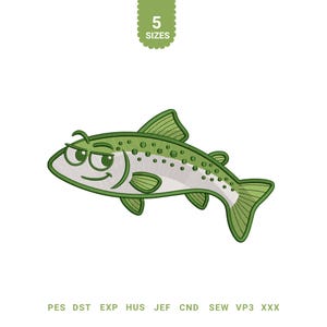 May include: A cartoon-style fish with a smug expression, featuring green fins and a white body with green spots. The image includes the text "5 SIZES" in a green banner and embroidery file format abbreviations.