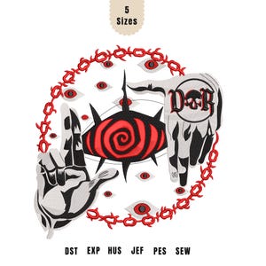 May include: Embroidered design featuring a central red and black eye with surrounding eyes and a red chain. The design includes a hand with the letters "D&R" and the text "5 Sizes" at the top. The bottom text includes "DST EXP HUS JEF PES SEW".