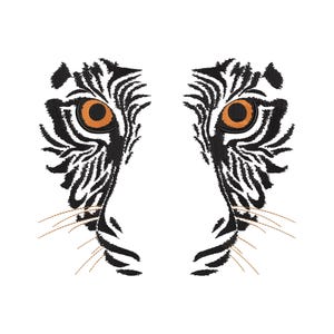 May include: An embroidery design featuring the symmetrical eyes and facial markings of a tiger. The design showcases two bright orange eyes with black pupils, surrounded by intricate black thread patterns and thin, light brown whiskers.