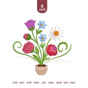 May include: An embroidered floral design featuring a bouquet of flowers in a brown pot. The bouquet includes pink roses, a purple tulip, white daisy, and blue flowers. The text "6 SIZES" is at the top. Embroidery file formats are listed at the bottom.