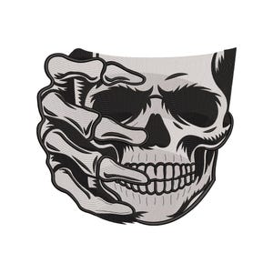 May include: A black and white skull face design with a skeletal hand reaching out. The skull has detailed shading and a full set of teeth. The design is suitable for apparel or accessories.