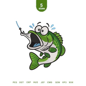 May include: A cartoon illustration of a green fish with wide eyes and an open mouth, caught on a fishing hook. The fish appears surprised, with water droplets above its head. A green banner at the top reads "5 sizes".