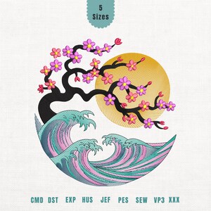 May include: An embroidered design featuring a black cherry blossom tree with pink flowers and a yellow sun. Below the tree are stylized turquoise and pink waves. The design is circular and includes the text "5 Sizes" at the top.