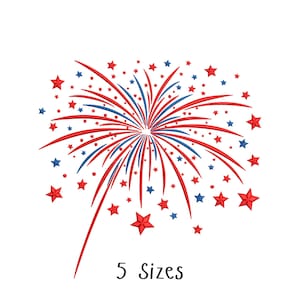 May include: An embroidery design featuring a red and blue firework burst pattern with various sizes of five-pointed stars scattered throughout the composition. The text 5 Sizes is printed in black at the bottom of the graphic illustration.