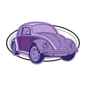 May include: Embroidered design of a classic purple car with a dark purple door panel, set against a white background. The car is surrounded by a black oval. The design features detailed stitching.