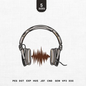 May include: A gray illustration of headphones with a brown sound wave graphic. The image includes the text "5 SIZES" at the top and file type abbreviations at the bottom. The headphones are detailed with shading and lines.