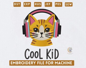 Cool Kid Cat-borduurontwerp | Hoofdtelefoon kat machineborduurpatroon | Cute Kitten-muziekbestand | 3 maten | Digitale download PES DST JEF