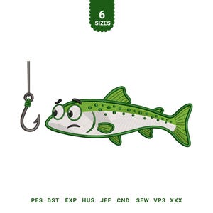 以下が含まれることがあります： 心配そうな表情の漫画の魚、緑と白、釣り針の刺繍デザイン。「6サイズ」と様々なファイル形式でラベル付けされています。