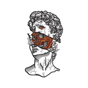 May include: A black and white line art illustration of a classical marble bust with cracked textures. The middle section of the face is replaced by a detailed orange and red skull, with small floral elements emerging from the sides of the head.