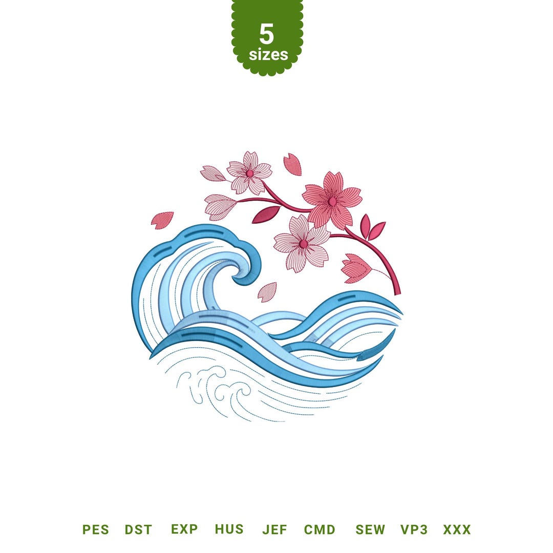 Cherry Blossom Embroidery Pattern, Japanese Wave Embroidery Design ...