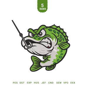 May include: An embroidered design of an angry green fish with white accents, hooked by a fishing line. The design includes the text "5 SIZES" in a green box. Below the fish are the abbreviations: PES, DST, EXP, HUS, JEF, CND, SEW, VP3, XXX.