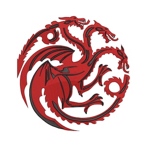 May include: An embroidered patch featuring a circular design of a three-headed dragon in vibrant red with black outlines. The dragon is depicted in a coiled position with its wings spread and tails curving to form a complete circular border.