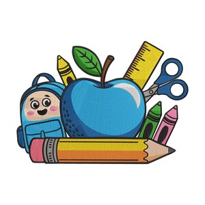 以下が含まれることがあります： 青いリンゴ、バックパック、鉛筆、クレヨン、定規、ハサミなど、学校用品のカラフルなイラスト。明るい色と白い背景の漫画スタイルです。